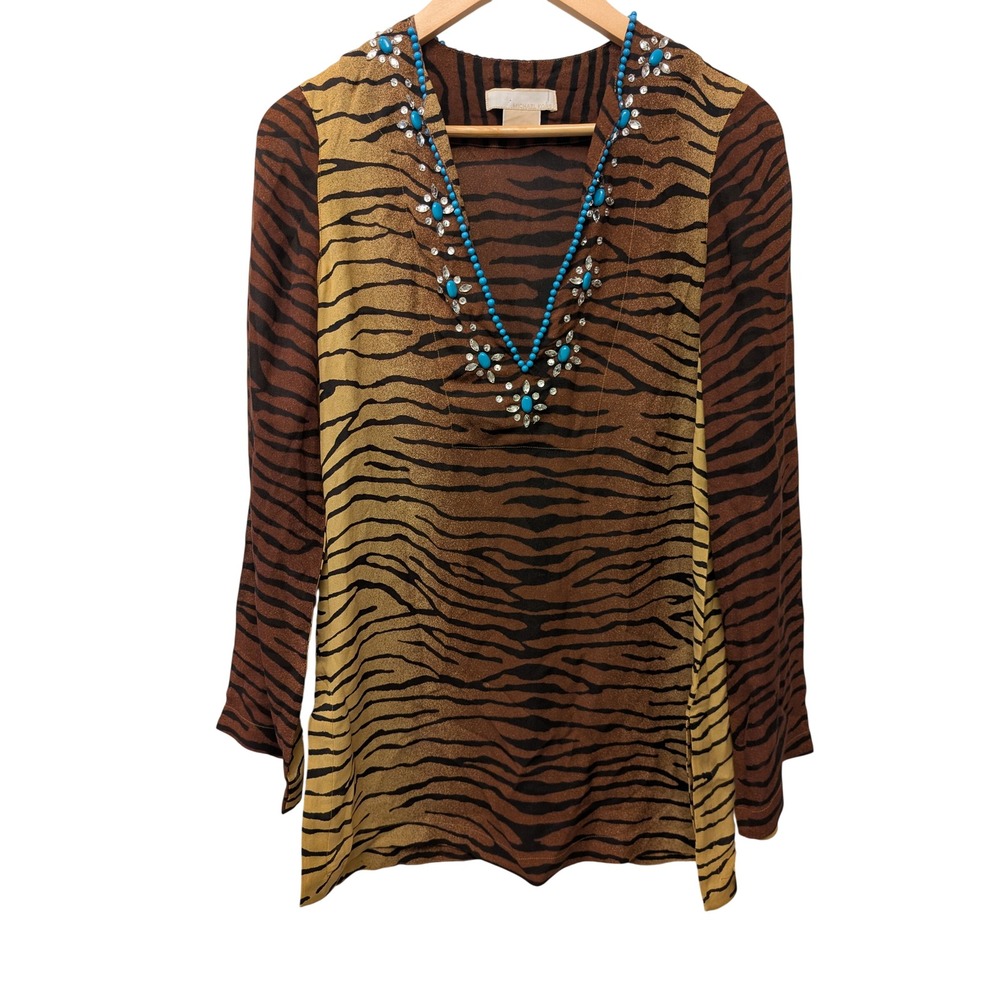 Michael Kors Silk Tiger Print Embellished Tunic Top Brown Black Mob Wife $228‎